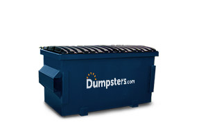 A dumpsters.com blue front load dumpster.