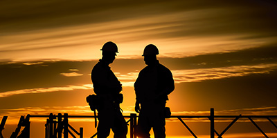 Two construction workers standing on a jobsite at sunset.