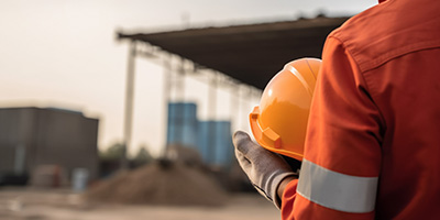 Construction worker wearing an orange, reflective jumpsuit holds and orange helmet, standing in front of a partially constructed building.