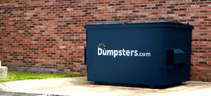 a dumpsters.com garbage dumpster sitting in front of a brick wall