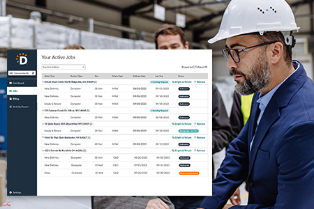 A worker on the job with an overlay of a Dumpsters.com Enterprise Portal active inventory sheet.