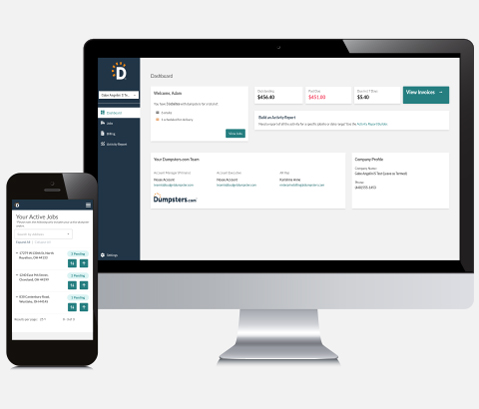 The Dumpsters.com Enterprise Portal on mobile and desktop.