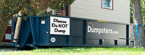 Home Dumpster With Dumpsters.com Logo and No Dumping Sign