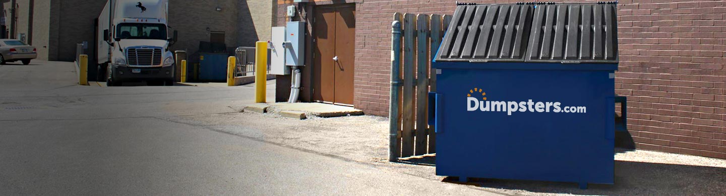 Blue 6 Yard Dumpster With a Dumpsters.com Logo