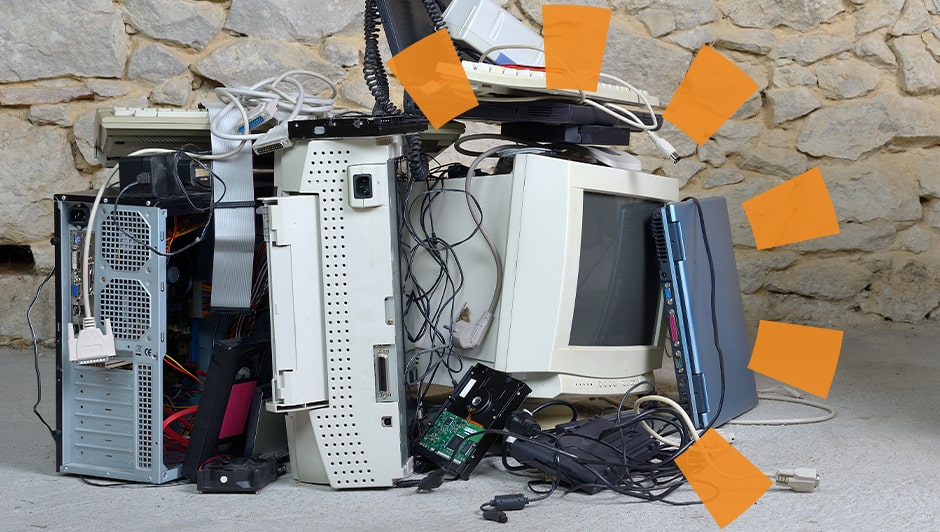 A pile of old electronics, like tube televisions and computer monitors.
