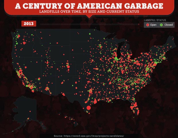 A Map of U.S. Trash Production Throughout the Years.