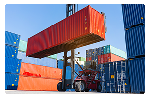 A crane moving a shipping container.