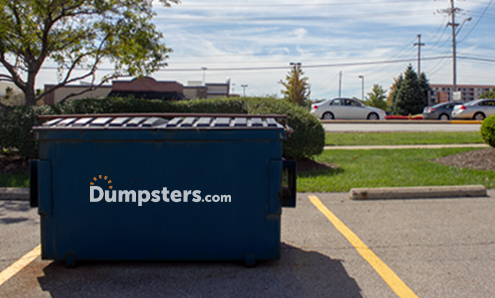 Sideview of a Blue Permanent Dumpster With a Dumpsters.com Logo