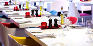 restaurant interior with red accent colors