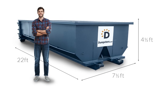 Man in Flannel Shirt Standing in Front of Residential Dumpster With Lines Showing Dimensions