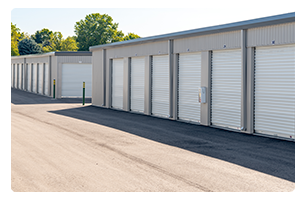 A line of outdoor storage garages.